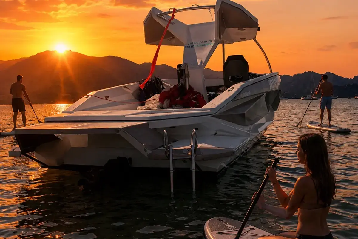 Sortie Sunset en bateau avec padlle à Saleccia et lotu.